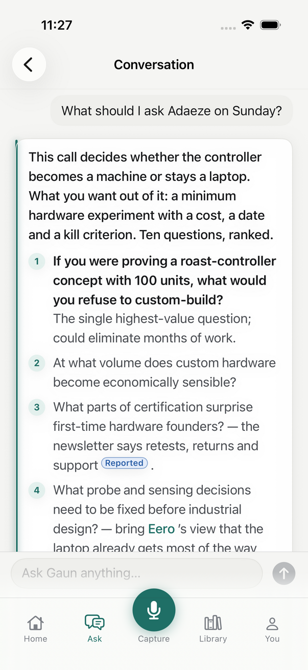 Gaun answering a question with a ranked, cited answer