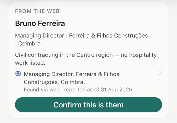A candidate Gaun found on the web for an unresolved name, with the evidence and a confirm button
