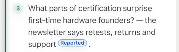 The third line of that answer, lifted out: it carries a Reported evidence chip
