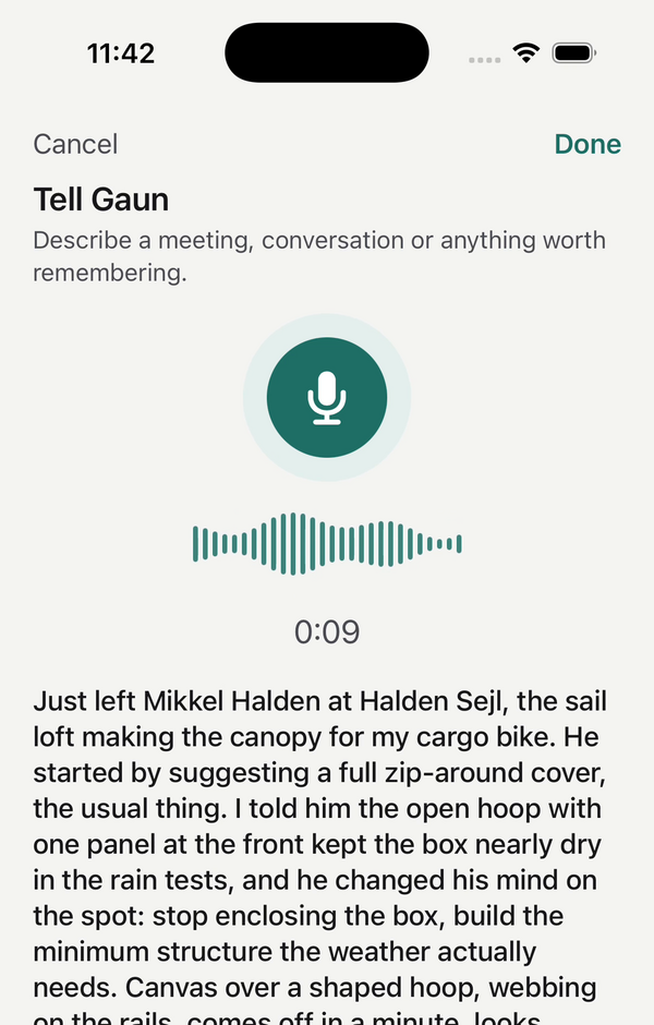 The capture screen with a spoken note transcribed into it