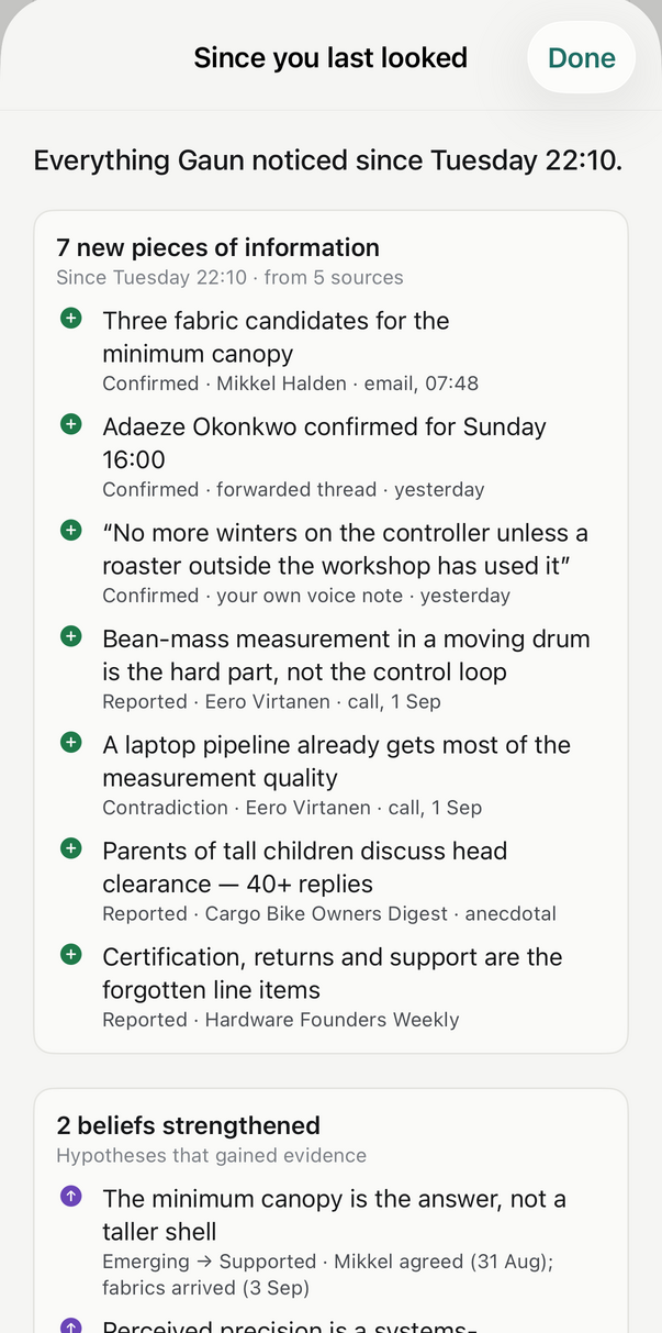 A sheet listing everything Gaun noticed since you last looked, each item with its source